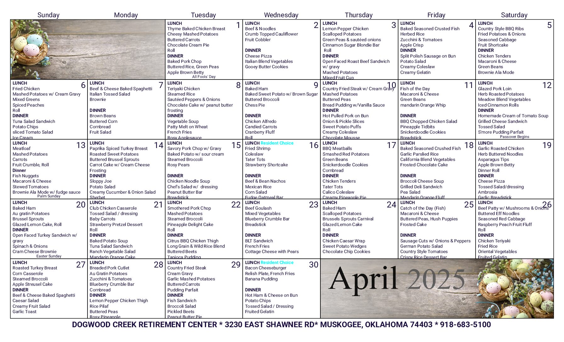 April 2025 Dietary Menu